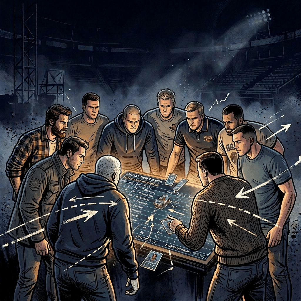 Football players gathered around a tactics board in a stadium
