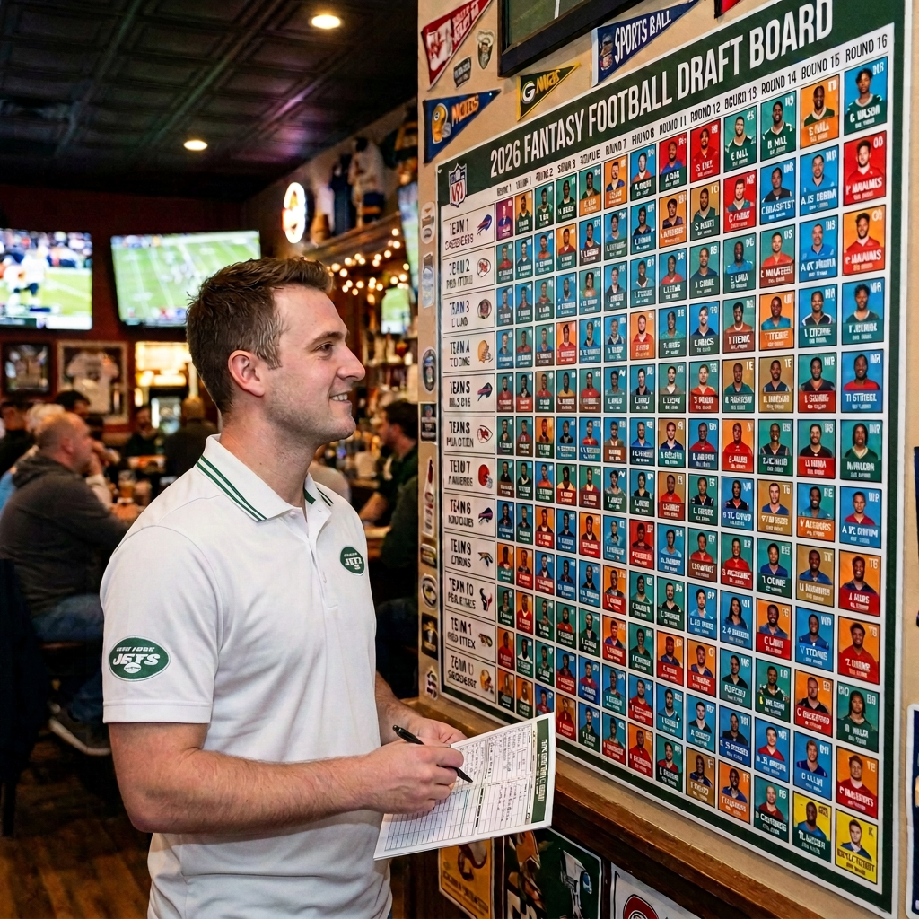 Man reviewing a 2024 fantasy football draft board in a sports bar