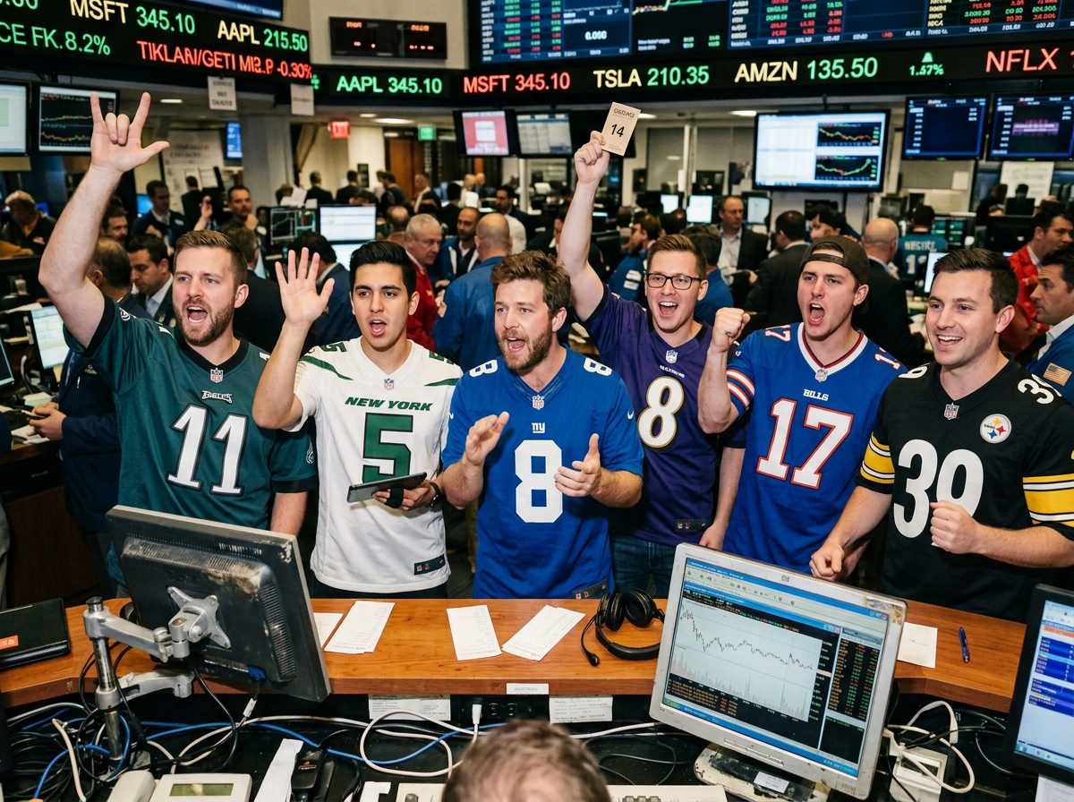 Six football fans cheering in jerseys on a stock exchange trading floor