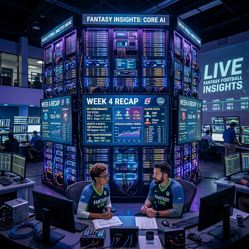 Two fantasy football analysts reviewing Week 8 statistics beside illuminated server racks