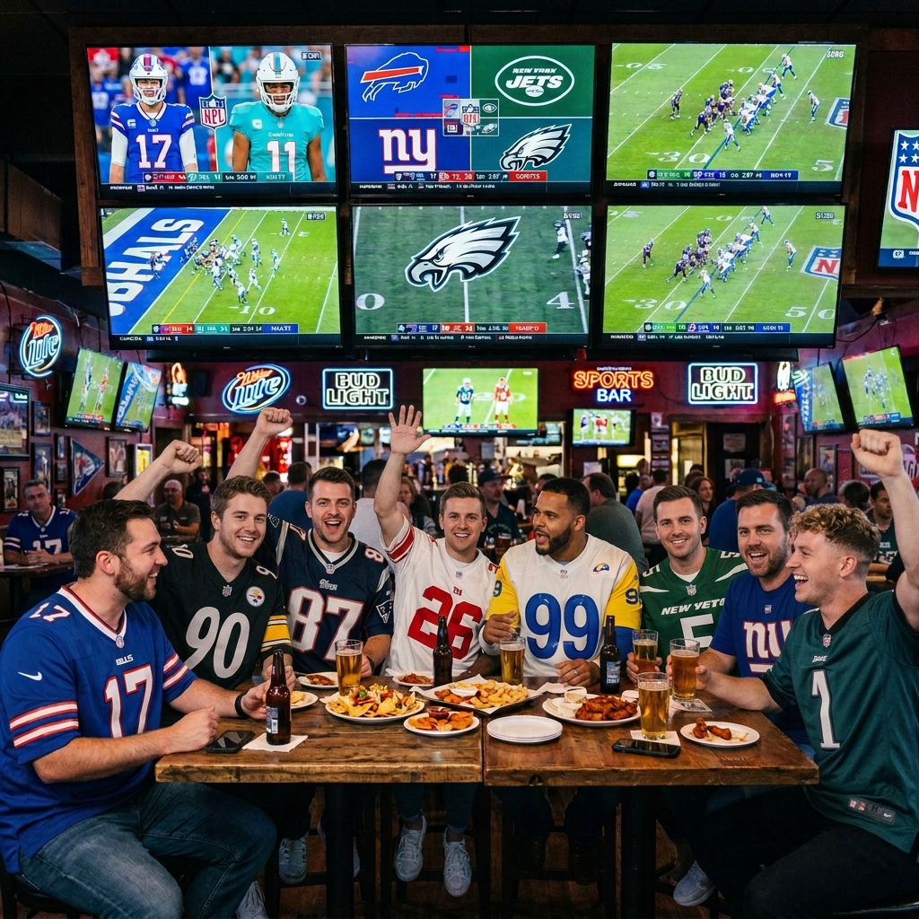 Football fans in jerseys watching games on televisions at a sports bar