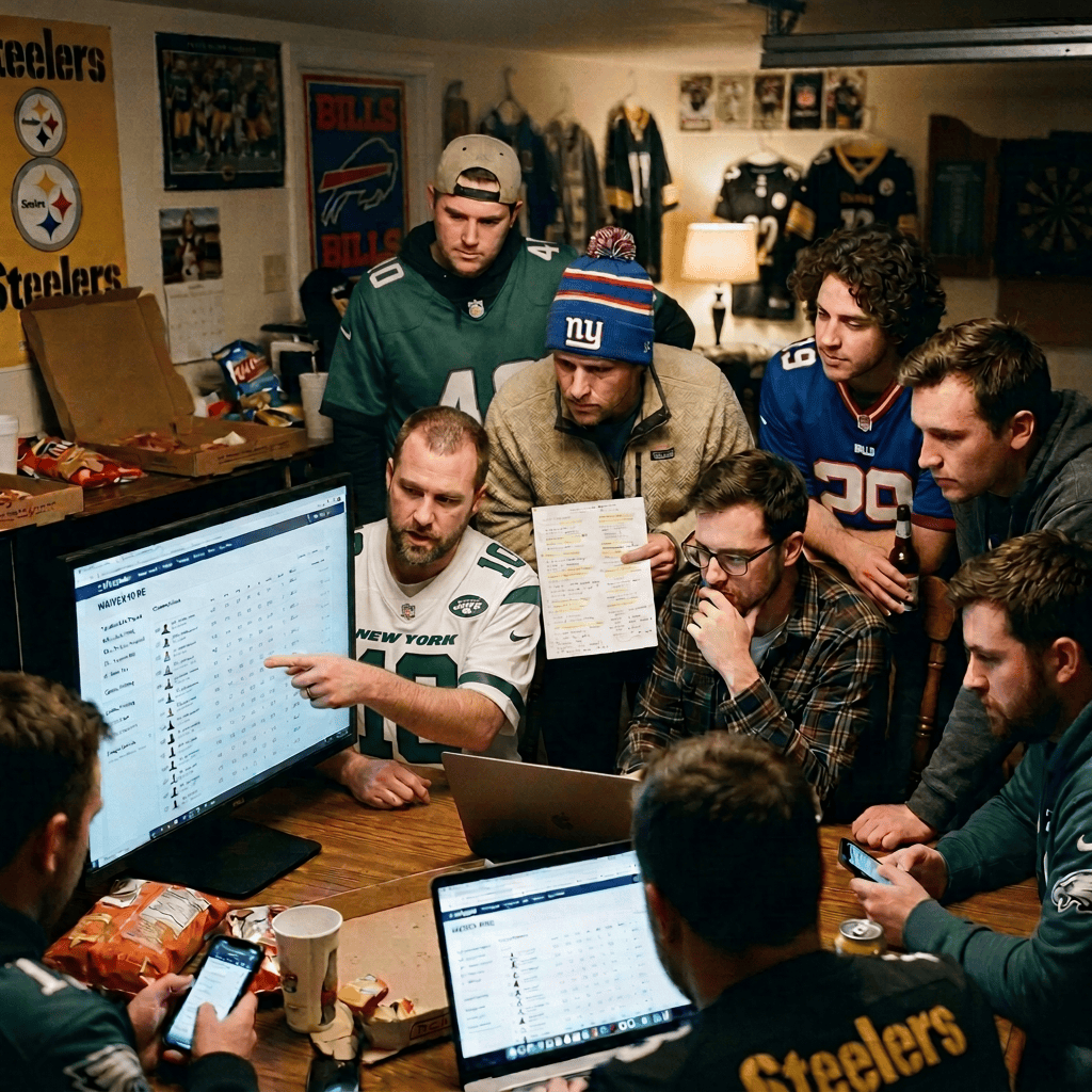 Friends reviewing fantasy hockey rosters together in a sports-themed room